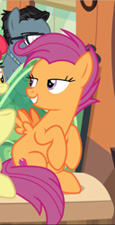 Size: 401x781 | Tagged: safe, screencap, apple bloom, scootaloo, earth pony, pegasus, pony, growing up is hard to do, cropped, cutie mark, down under, female, lidded eyes, looking at each other, mare, offscreen character, older, older scootaloo, sitting, smiling, smirk, solo focus, spread wings, the cmc's cutie marks, wings