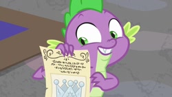 Size: 1280x720 | Tagged: safe, screencap, spike, dragon, sparkle's seven, claws, crown, hard-won helm of the sibling supreme, jewelry, male, regalia, smiling, tail, winged spike, written equestrian