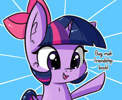 Size: 1686x1381 | Tagged: safe, artist:artiks, twilight sparkle, twilight sparkle (alicorn), alicorn, pony, apple bloom's bow, bow, cute, dialogue, female, fusion, hair bow, mare, simple background, smiling, solo, twiabetes