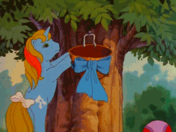 Size: 400x300 | Tagged: safe, screencap, ribbon (g1), pony, unicorn, g1, my little pony: the movie (g1), animated, ball, basket, gif, tree