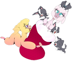 Size: 959x815 | Tagged: safe, artist:cutegraphite, paprika paca, pom lamb, alpaca, dog, lamb, sheep, them's fightin' herds, cloven hooves, community related, fangs, female, open mouth, simple background, smiling, tongue out, transparent background