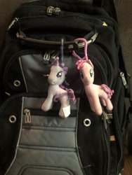 Size: 3024x4032 | Tagged: safe, derpibooru import, photographer:undeadponysoldier, pinkie pie, twilight sparkle, unicorn twilight, earth pony, pony, unicorn, backpack, female, irl, keychain, mare, photo, plushie, zipper