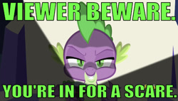 Size: 639x362 | Tagged: safe, edit, edited screencap, editor:undeadponysoldier, screencap, spike, dragon, dungeons and discords, caption, castle, colored text, discovery family logo, evil, evil grin, flashlight (object), goosebumps, green text, grin, image macro, looking at you, meme, reference, smiling, solo, talking to viewer, text