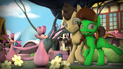 Size: 3840x2160 | Tagged: safe, artist:fiopon, oc, oc:lucky brush, oc:night chaser, pony, 3d, braid, female, flower, house, male, mouth hold, outdoors, paintbrush, ponyville, scar, shipping, source filmmaker, straight, tree, walking