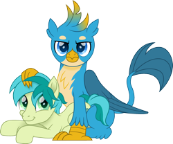 Size: 1500x1250 | Tagged: safe, artist:cloudyglow, gallus, sandbar, griffon, pony, cute, duo, gallabetes, gallbar, gay, happy, interspecies, looking at you, male, movie accurate, out of context, paws, prone, sandabetes, shipping, simple background, sitting, stallion, tail, teenager, transparent background, vector