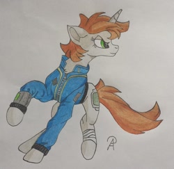 Size: 1993x1941 | Tagged: safe, artist:eclipseflower, oc, oc only, oc:littlepip, pony, unicorn, fallout equestria, bandage, clothes, fanfic, fanfic art, female, hooves, horn, mare, pipbuck, simple background, solo, traditional art, vault suit, white background