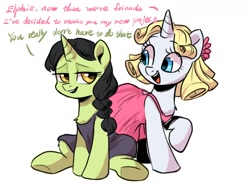 Size: 1600x1200 | Tagged: safe, artist:colorfulcolor233, pony, unicorn, between dark and dawn, broomhilda, chest fluff, clothes, dialogue, dress, duo, duo female, elphaba, female, glinda, glinda (character), leg fluff, mare, ponified, wicked