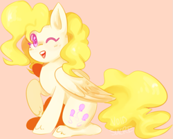 Size: 815x656 | Tagged: safe, artist:voidsucre, surprise, pegasus, pony, g1, colored pupils, cute, leg fluff, one eye closed, open mouth, pink background, simple background, solo, wink