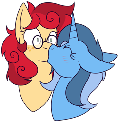 Size: 1923x1989 | Tagged: safe, artist:bitsandbees, oc, oc:apple berry, oc:twinkle mint, earth pony, pony, unicorn, blushing, bust, ear piercing, earring, female, freckles, french kiss, icey-verse, jewelry, kissing, lesbian, magical lesbian spawn, mare, oc x oc, offspring, parent:applejack, parent:minuette, parent:strawberry sunrise, parent:trixie, parents:applerise, parents:minixie, piercing, shipping, simple background, transparent background, ych result