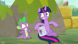 Size: 1920x1080 | Tagged: safe, screencap, spike, twilight sparkle, twilight sparkle (alicorn), alicorn, dragon, the point of no return, hay bale, saddle bag, winged spike