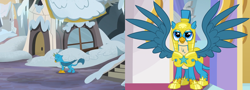 Size: 2000x720 | Tagged: safe, screencap, gallus, griffon, the hearth's warming club, the last problem, armor, awesome, canterlot castle, comparison, crowning moment of awesome, cute, flashback, gallabetes, good end, griffonstone, helmet, homeless, male, older, older gallus, royal guard, royal guard armor, royal guard gallus, solo, spread wings, sweet dreams fuel, wings