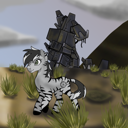 Size: 2000x2000 | Tagged: safe, artist:devorierdeos, oc, oc only, oc:ionora, zebra, fallout equestria, cloudship, enclave raptor, female, grand pegasus enclave, hooves, mare, solo, zebra oc