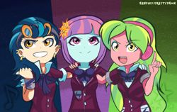 Size: 1108x702 | Tagged: safe, artist:graytyphoon, indigo zap, lemon zest, sunny flare, equestria girls, friendship games, bowtie, clothes, crystal prep academy, crystal prep academy uniform, crystal prep shadowbolts, female, goggles, headphones, school uniform, trio