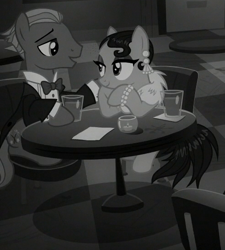 Size: 491x545 | Tagged: safe, screencap, cleopatra jazz, pony, sparkle's seven, background pony, cropped, female, male, mare, monochrome, shipping fuel, stallion, table, tavern, unnamed pony