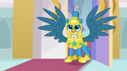 Size: 1920x1080 | Tagged: safe, screencap, gallus, griffon, the last problem, adult, armor, canterlot castle, good end, helmet, male, older gallus, royal guard, royal guard armor, royal guard gallus, smiling, soldier, solo, spread wings, wings