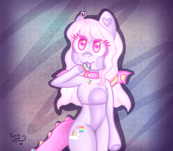 Size: 3200x2800 | Tagged: safe, artist:yumomochan, oc, anthro, original species, abstract background, anthro oc, artfight, bat wings, choker, collar, cute, dinosaur tail, fake wings, mutant, mutated, mutation, original character do not steal, pastel, pastel colors, rainbow, wings