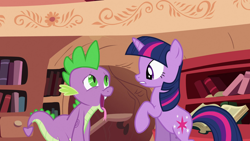 Size: 1920x1080 | Tagged: safe, screencap, spike, twilight sparkle, unicorn twilight, dragon, pony, unicorn, secret of my excess, ahegao, duo, female, golden oaks library, male, mare, open mouth, raised hoof, tongue out