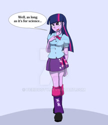 Size: 600x690 | Tagged: dead source, safe, artist:peribooty, twilight sparkle, human, equestria girls, abstract background, bimboification, clothes, cute, deviantart watermark, dialogue, female, incentive drive, leg warmers, miniskirt, obtrusive watermark, open mouth, pleated skirt, shoes, skirt, smiling, solo, speech bubble, standing, watermark