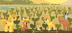 Size: 1960x900 | Tagged: safe, artist:hollymau, braeburn, little strongheart, earth pony, hybrid, pony, apple tree, bisony, braeheart, family, feather, female, grin, male, offspring, parent:braeburn, parent:little strongheart, parents:braeheart, raised hoof, shipping, smiling, stallion, straight, tree