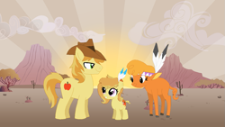 Size: 1281x721 | Tagged: safe, artist:auridash-draws, braeburn, little strongheart, hybrid, bisony, braeheart, family, female, male, offspring, parent:braeburn, parent:little strongheart, parents:braeheart, shipping, straight