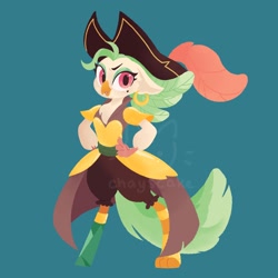 Size: 1920x1920 | Tagged: safe, artist:cilveon, captain celaeno, anthro, bird, parrot, my little pony: the movie, amputee, beauty mark, celaenobetes, cute, ear piercing, earring, female, hands on hip, hat, jewelry, lineless, looking at you, piercing, pirate, pirate hat, prosthetic leg, prosthetic limb, prosthetics, simple background, solo, teal background