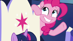 Size: 1920x1080 | Tagged: safe, derpibooru import, screencap, pinkie pie, twilight sparkle, twilight sparkle (alicorn), alicorn, earth pony, pony, the beginning of the end, friendship throne, solo focus