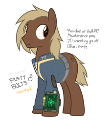 Size: 670x750 | Tagged: safe, artist:modocrisma, oc, oc only, oc:rusty bolts, earth pony, pony, fallout equestria, fanfic:vault 147, alternate universe, au:v147, clothes, fallout, fanfic, fanfic art, hooves, male, pipboy, pipbuck, reference sheet, show accurate, simple background, solo, stallion, vault suit, watermark, white background