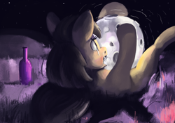 Size: 4960x3508 | Tagged: safe, artist:toisanemoif, oc, oc only, pony, biting, bottle, crying, moon, tears of pain