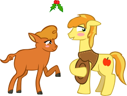 Size: 4867x3686 | Tagged: safe, artist:spokenmind93, braeburn, little strongheart, pony, braeheart, christmas, female, holiday, holly, holly mistaken for mistletoe, male, old art is old, shipping, straight