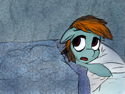 Size: 509x384 | Tagged: safe, artist:restartbob, oc, oc only, oc:mercury vapour, earth pony, pony, bed, female, filly, pillow, scared, solo