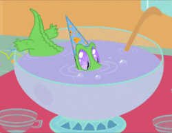 Size: 500x385 | Tagged: safe, screencap, gummy, alligator, party of one, animated, gif, hat, party hat, punch (drink), punch bowl, solo