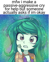 Size: 605x768 | Tagged: safe, artist:rileyav, edit, wallflower blush, equestria girls, bad meme, depressed, meme, relatable, solo