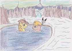 Size: 3300x2313 | Tagged: safe, artist:darkknightwolf2011, braeburn, little strongheart, pony, braeheart, female, forest, hot springs, male, shipping, straight, traditional art, water