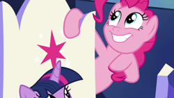 Size: 1920x1080 | Tagged: safe, derpibooru import, screencap, pinkie pie, twilight sparkle, twilight sparkle (alicorn), alicorn, earth pony, pony, the beginning of the end, friendship throne, solo focus