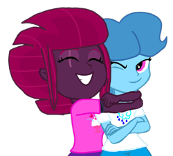 Size: 1196x1080 | Tagged: safe, artist:徐詩珮, fizzlepop berrytwist, spring rain, tempest shadow, equestria girls, base used, equestria girls-ified, eye scar, female, hug, lesbian, scar, shipping, simple background, springshadow, transparent background