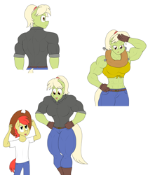 Size: 2808x3328 | Tagged: safe, artist:matchstickman, bright mac, granny smith, anthro, earth pony, plantigrade anthro, abs, armpits, back muscles, biceps, boots, breasts, bright mac's hat, busty granny smith, clothes, deltoids, duo, female, gloves, granny smash, jeans, male, mare, midriff, mother and child, mother and son, muscles, pants, parent and child, shirt, shoes, simple background, sweat, white background, yoke, young granny smith, younger