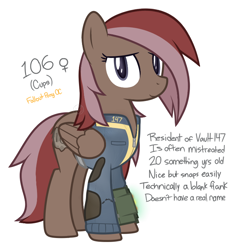 Size: 720x750 | Tagged: safe, artist:modocrisma, oc, oc only, oc:cups, pegasus, pony, fallout equestria, fanfic:vault 147, alternate universe, au:v147, blank flank, branding, clothes, fallout, fanfic, fanfic art, female, hooves, mare, pipboy, pipbuck, reference sheet, show accurate, simple background, solo, vault suit, watermark, white background, wings