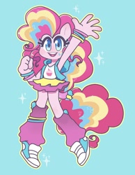 Size: 933x1200 | Tagged: safe, artist:dinky-ink, derpibooru import, pinkie pie, anthro, alternative cutie mark placement, ambiguous facial structure, blue background, clothes, converse, cute, diapinkes, facial cutie mark, female, leg warmers, looking at you, miniskirt, moe, no nose, open mouth, rainbow power, shoes, simple background, skirt, sneakers, solo