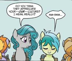 Size: 318x269 | Tagged: safe, artist:tonyfleecs, idw, sandbar, swift foot, earth pony, pony, spoiler:comic, spoiler:comicfeatsoffriendship01, blushing, cropped, duo focus, evil planning in progress, facade, female, freudian slip, green background, in love, male, manipulation, mare, official comic, saddle bag, simple background, speech bubble, teenager, thracian, young mare