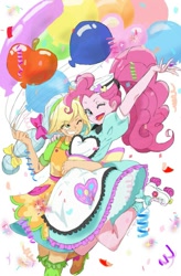 Size: 721x1100 | Tagged: safe, artist:puri__kyua, applejack, pinkie pie, coinky-dink world, eqg summertime shorts, equestria girls, shake things up!, anime, balloon, bow, confetti, cute, diner uniform, duo, duo female, female, hairnet, hug, jumping, one eye closed, pixiv, roller skates, server pinkie pie, smiling, wink