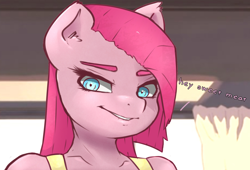 Size: 2160x1470 | Tagged: safe, artist:angelwing314, derpibooru import, edit, pinkie pie, anthro, cropped, dialogue, dialogue edit, female, flirting, lip bite, looking at you, pinkamena diane pie, smiling, solo