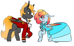 Size: 4158x2560 | Tagged: safe, artist:crazysketch101, oc, oc only, oc:ashton burnside, oc:crazy looncrest, pegasus, pony, burncrest, clothes, colored wings, costume, gradient wings, oc x oc, shipping, simple background, the count of monte cristo, white background, wings