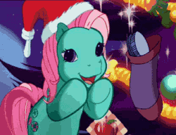 Size: 416x320 | Tagged: safe, screencap, minty, earth pony, pony, a very minty christmas, g3, animated, bipedal, blinking, christmas, christmas stocking, cute, g3betes, gif, hairbrush, happy, hat, holiday, mintabetes, open mouth, santa hat, solo, weapons-grade cute