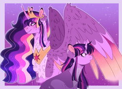Size: 1292x950 | Tagged: safe, artist:wanderingpegasus, princess twilight 2.0, twilight sparkle, twilight sparkle (alicorn), unicorn twilight, alicorn, pony, unicorn, the last problem, :o, blushing, chest fluff, collar, crown, cute, cutie mark, female, fluffy, jewelry, mare, necklace, older, older twilight, open mouth, pale belly, regalia, smiling, smirk, spread wings, sunset, tiara, twiabetes, wings