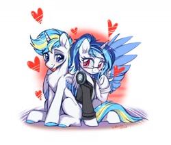 Size: 1440x1220 | Tagged: safe, artist:wkirin, oc, oc only, alicorn, pegasus, pony, unicorn, clothes, female, glasses, headphones, heart, heart eyes, looking at each other, male, mare, stallion, wingding eyes