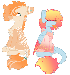 Size: 2821x3000 | Tagged: safe, artist:crazysketch101, oc, oc only, oc:crazy looncrest, oc:dusk, earth pony, pegasus, pony, :t, colored wings, ear piercing, earring, food, gauges, gradient tail, gradient wings, jewelry, leonine tail, piercing, popsicle, simple background, tail ring, transparent background, wings