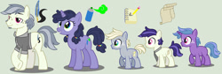 Size: 1024x343 | Tagged: safe, artist:loveedovey, oc, oc only, oc:crisp pen, oc:graffiti, oc:marked pages, oc:paper folds, oc:sketch book, earth pony, pony, unicorn, colt, female, male, mare, simple background, stallion