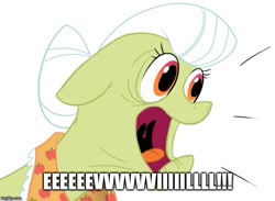 Size: 683x499 | Tagged: safe, artist:sir-dangereaux, edit, granny smith, caption, evil, image macro, mermaid man, screaming, solo, spongebob squarepants, text, yelling