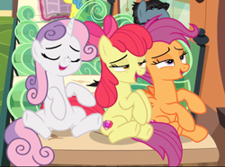 Size: 1021x760 | Tagged: safe, screencap, apple bloom, scootaloo, sweetie belle, earth pony, pegasus, pony, unicorn, growing up is hard to do, cropped, cutie mark, cutie mark crusaders, female, lidded eyes, mare, older, older apple bloom, older cmc, older scootaloo, older sweetie belle, open mouth, sigh, sitting, the cmc's cutie marks, trio focus