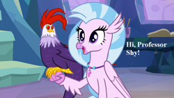 Size: 800x450 | Tagged: safe, edit, edited screencap, screencap, silverstream, classical hippogriff, cockatrice, hippogriff, student counsel, book, cute, diabedith, diastreamies, edith (cockatrice), female, implied fluttershy, jewelry, necklace, red eyes, speech, treehouse of harmony